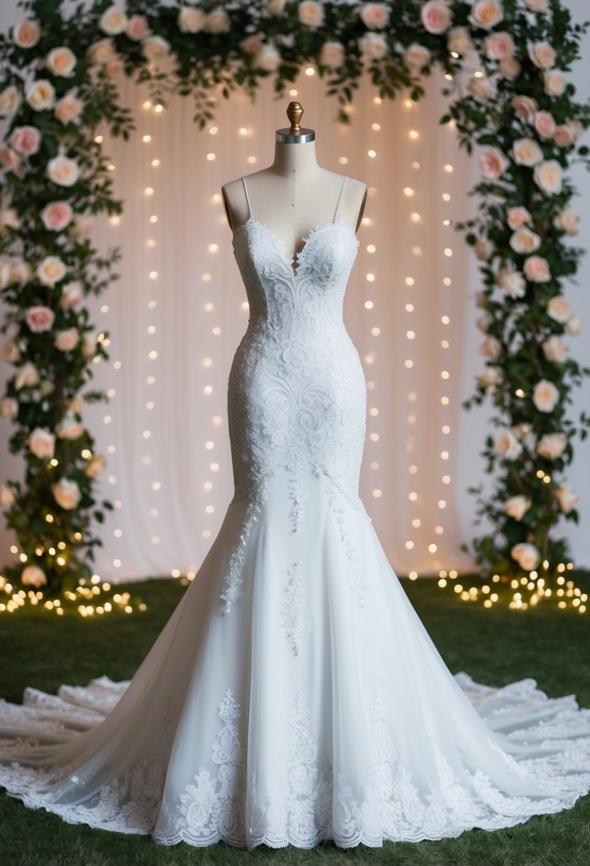 An elegant hourglass-shaped wedding dress with intricate lace details and a flowing train, set against a backdrop of blooming roses and twinkling fairy lights