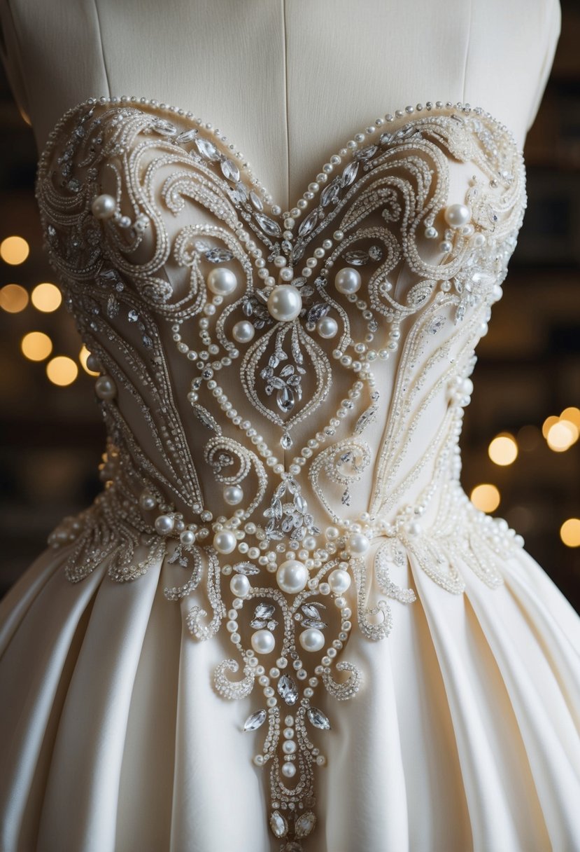 A beaded bodice adorned with intricate, swirling patterns, featuring delicate pearls and shimmering crystals, cascading down the flowing skirt of the whimsical wedding dress