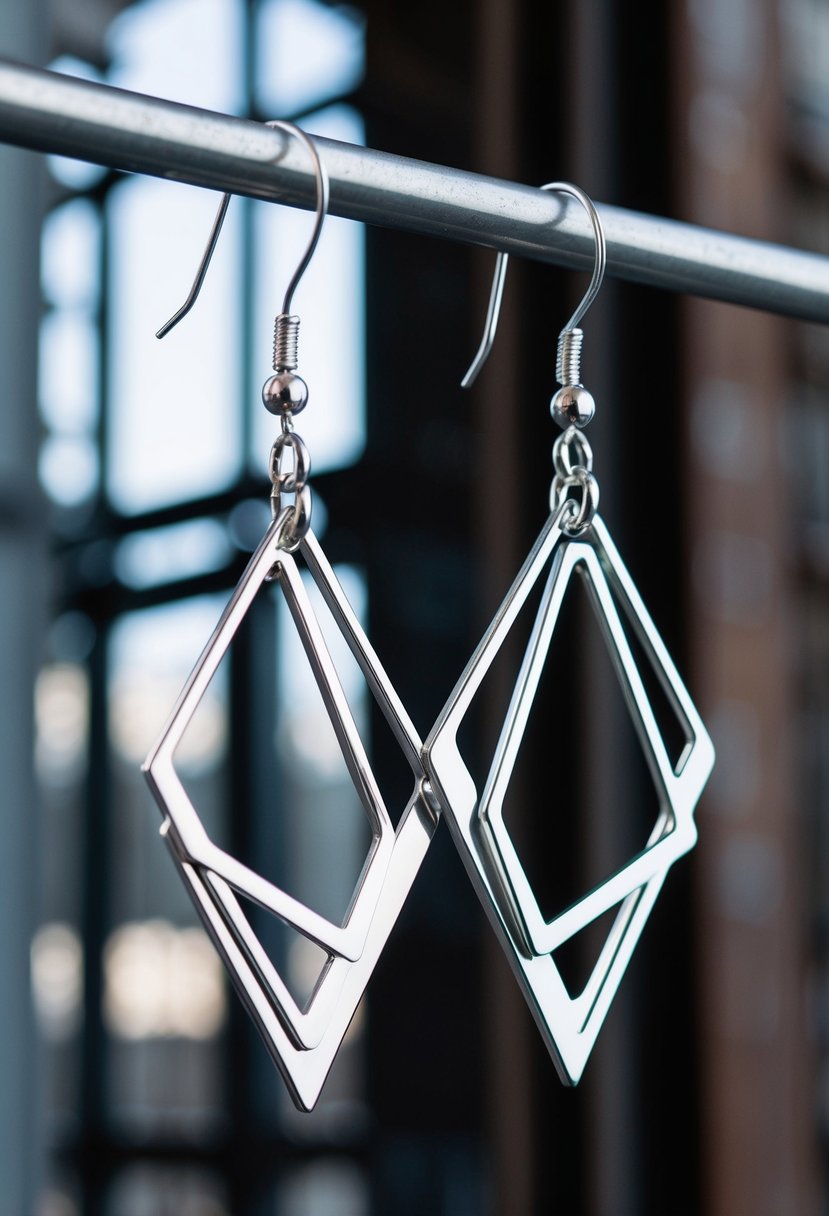 A pair of geometric metal dangle earrings suspended from a metal rod, with clean lines and sharp angles, set against a backdrop of industrial architecture