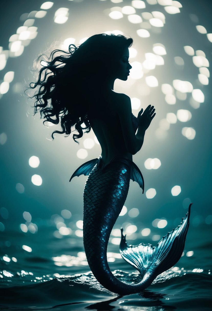 A mermaid silhouette emerges from the depths, adorned with shimmering scales and flowing tresses, exuding an aura of elegance and allure