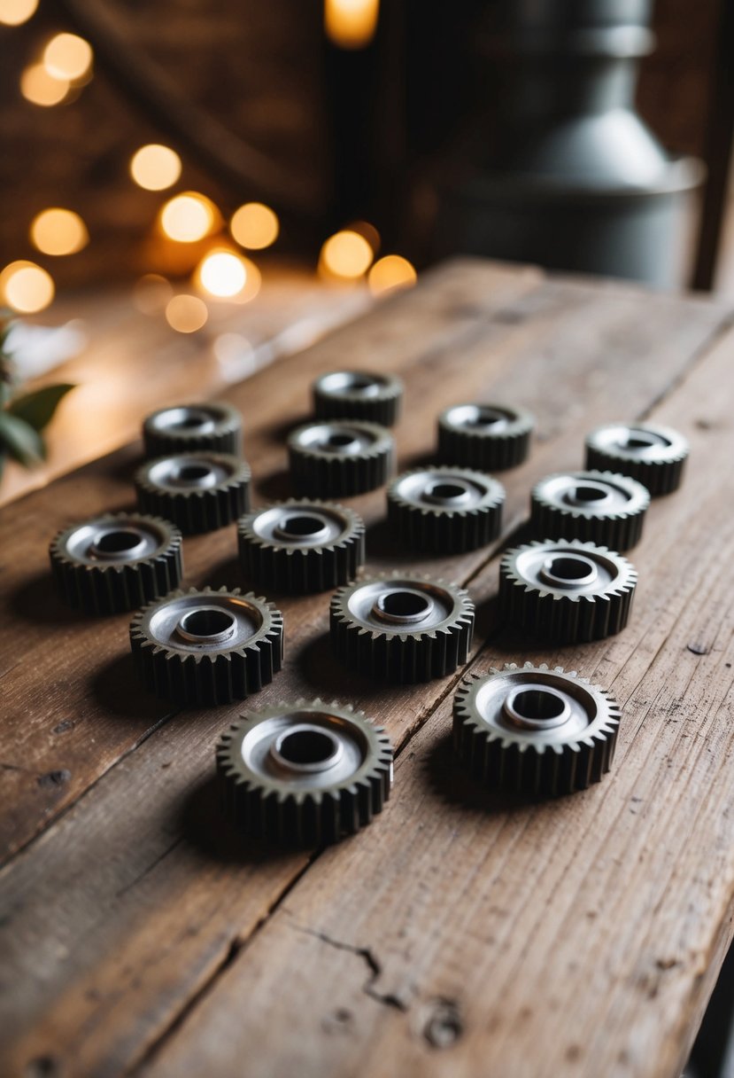 Vintage train gear studs arranged on rustic wooden surface with industrial wedding decor