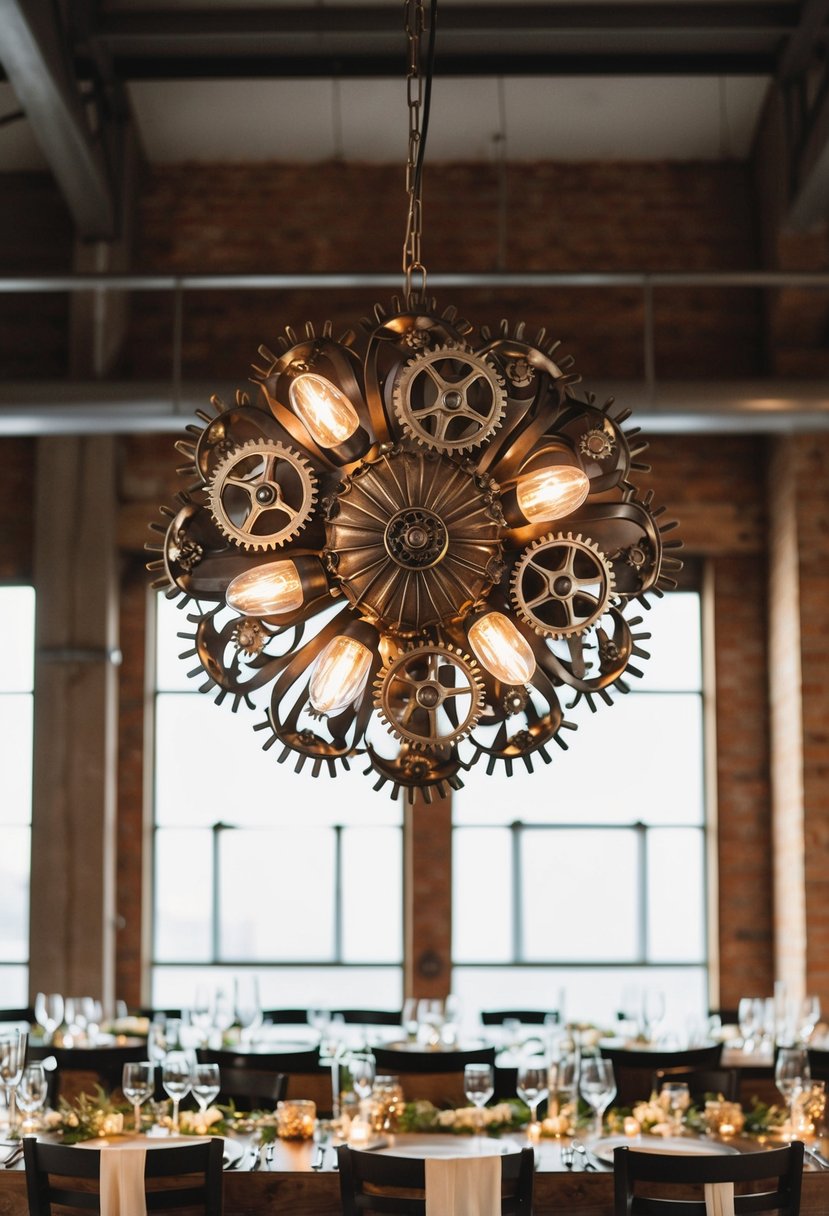 A steampunk metal flower chandelier hangs above an industrial wedding table, with intricate details and gears incorporated into the design