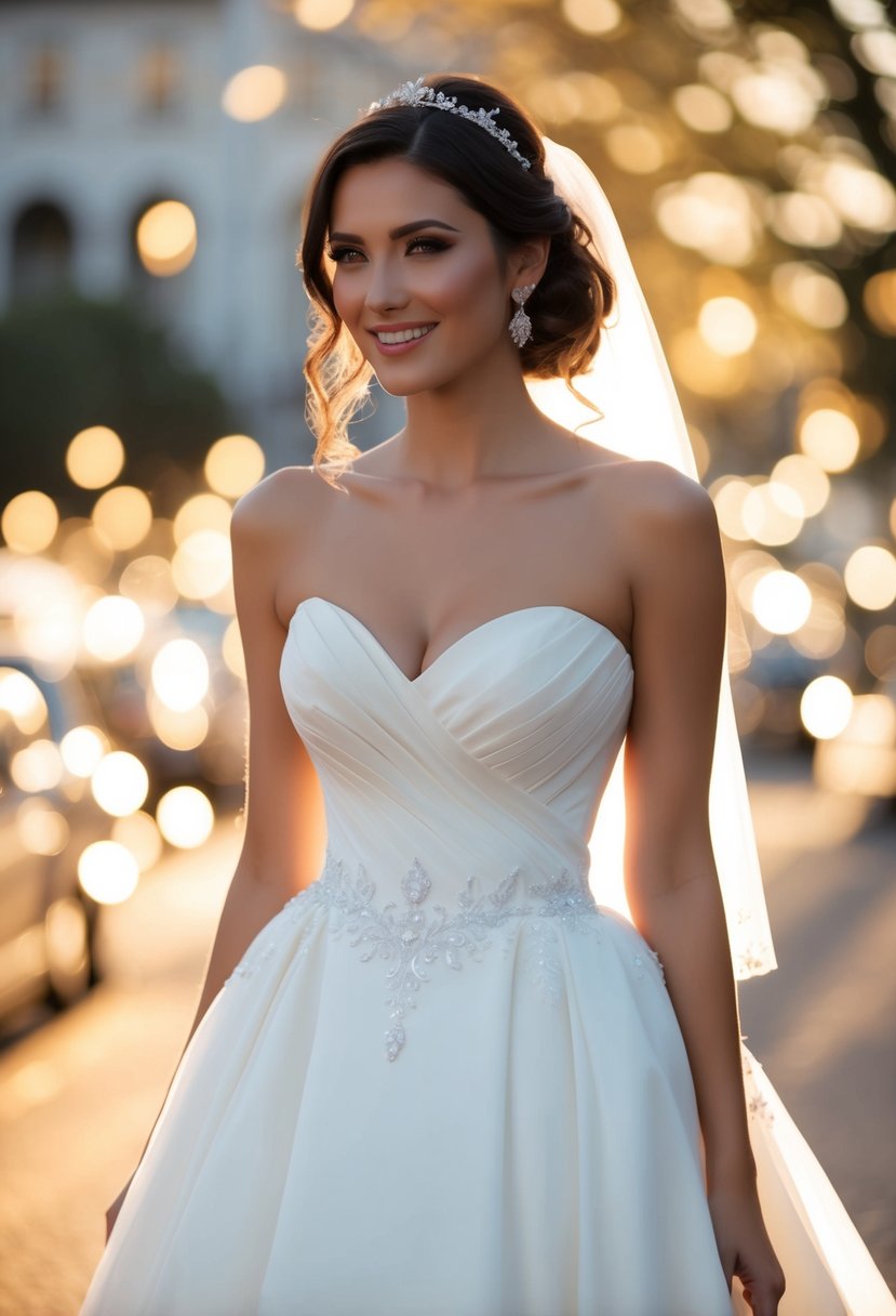 A bride wearing a sweetheart neckline wedding dress, accentuating her hourglass shape, surrounded by romantic charm