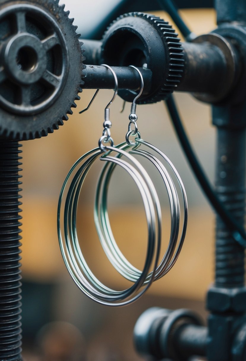 A pair of exposed wire hoop earrings suspended from a metal industrial structure, surrounded by metallic gears and bolts