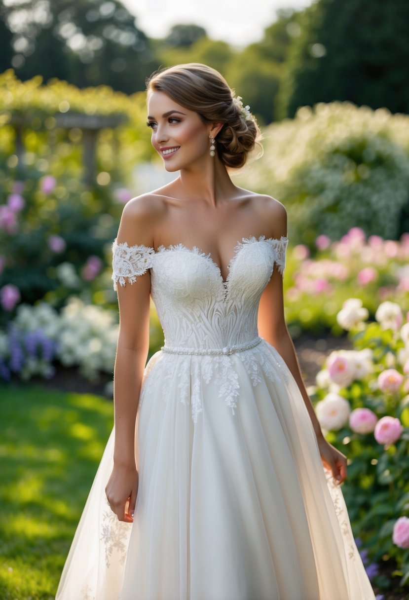 A bride wearing an off-the-shoulder hourglass shape wedding dress, with delicate lace and flowing fabric, standing in a garden surrounded by blooming flowers