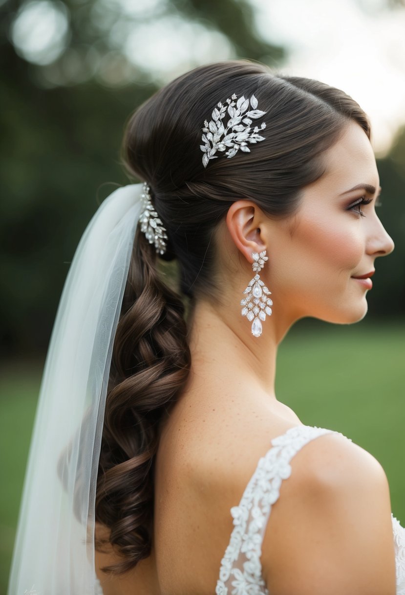 A bride's elegant ponytail adorned with sparkling wedding earrings