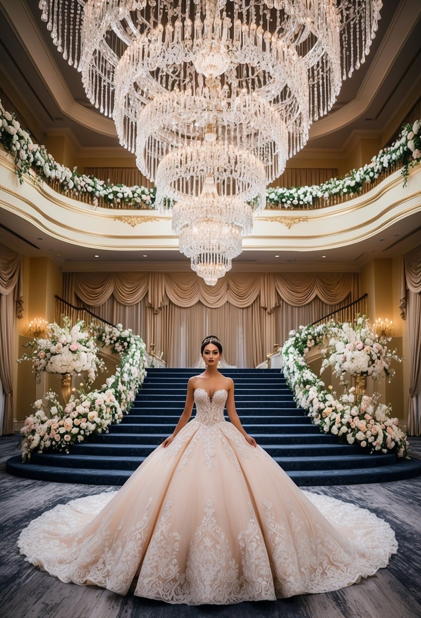 A grand ballroom with cascading crystal chandeliers and a sweeping staircase, adorned with opulent floral arrangements and luxurious drapery, showcasing an exquisite hourglass-shaped ballgown fit for fairytale dreams