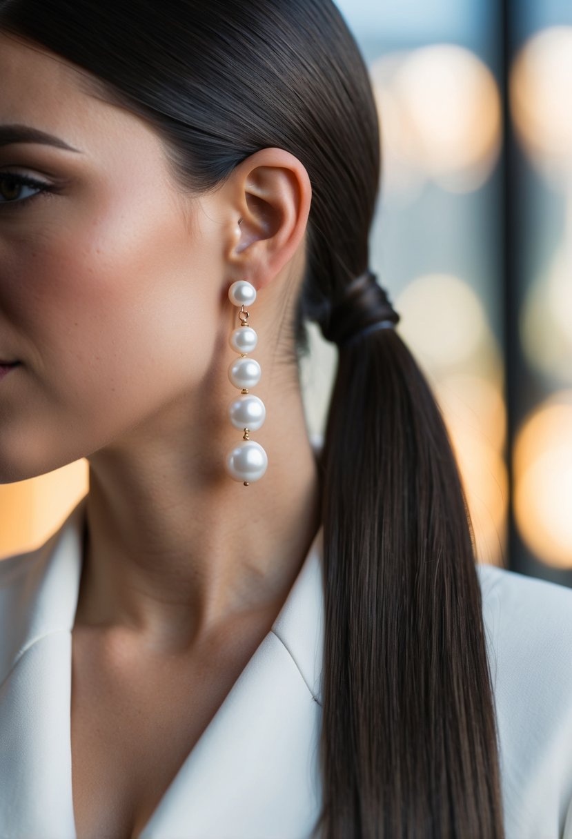 A sleek ponytail adorned with elegant pearl drop earrings