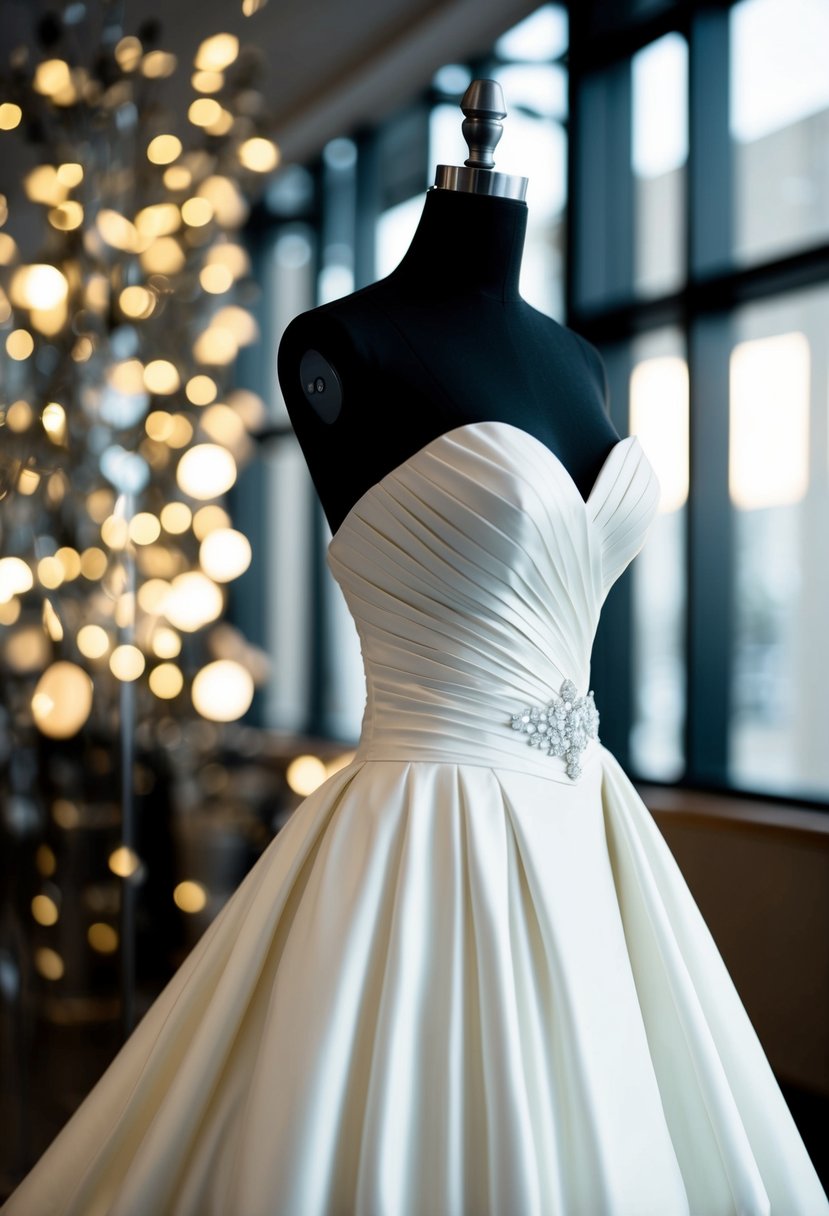 A sleek, hourglass-shaped wedding dress hangs on a mannequin, exuding sophistication and elegance