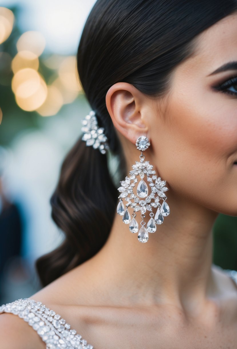 A sparkling crystal chandelier earring dangles from a sleek ponytail, perfect for a wedding