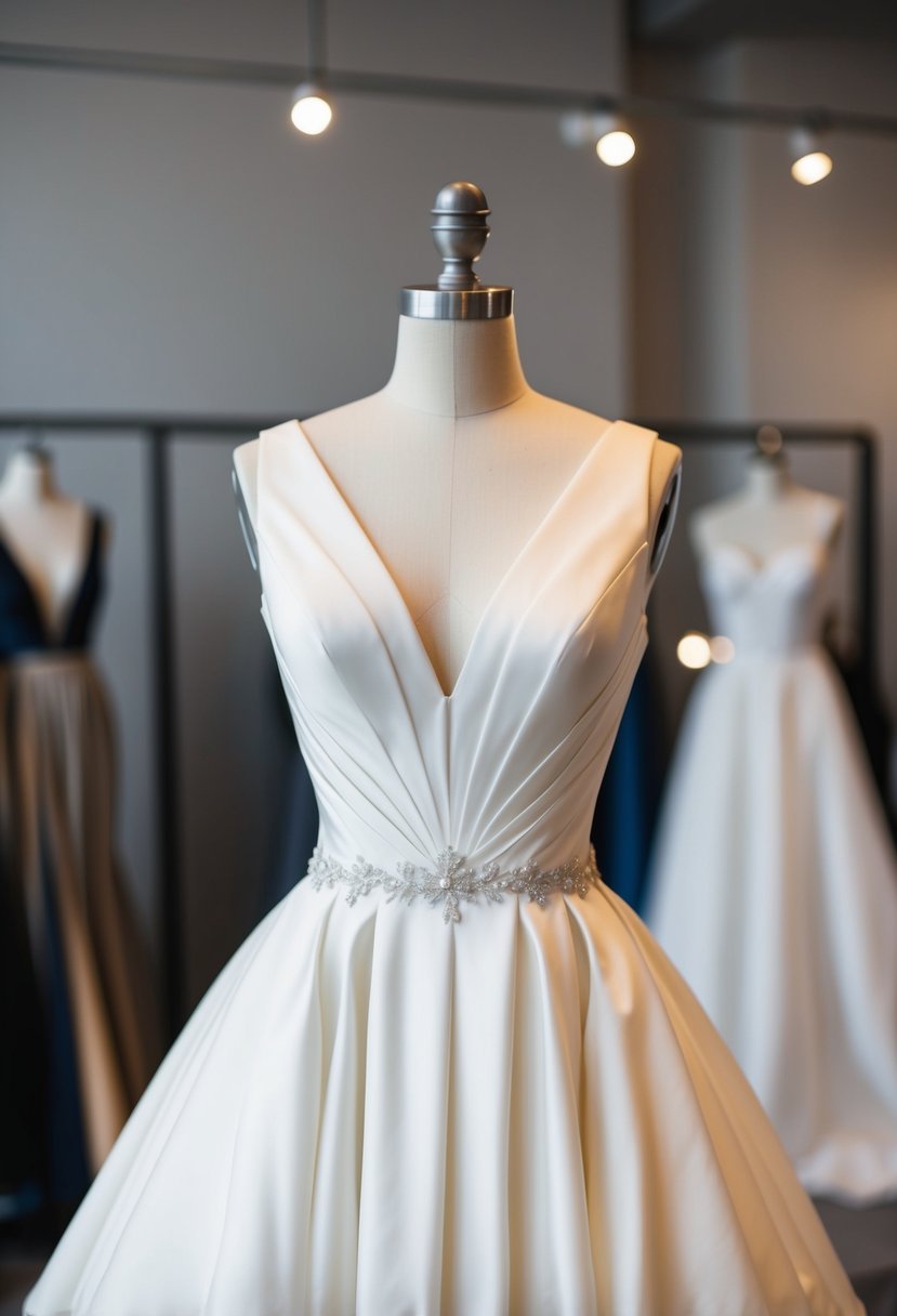 A v-neck wedding dress on a mannequin, accentuating the hourglass shape with a fitted bodice and flared skirt