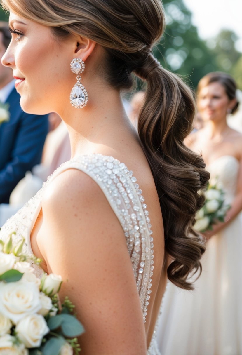 A pair of vintage-inspired rhinestone stud earrings dangle from a ponytail, catching the light as the bride walks down the aisle