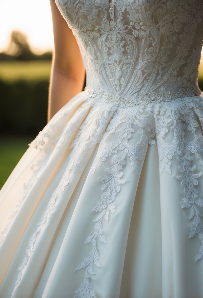 A close-up view of intricate lace details adorning the bodice and skirt of a classic hourglass-shaped wedding dress