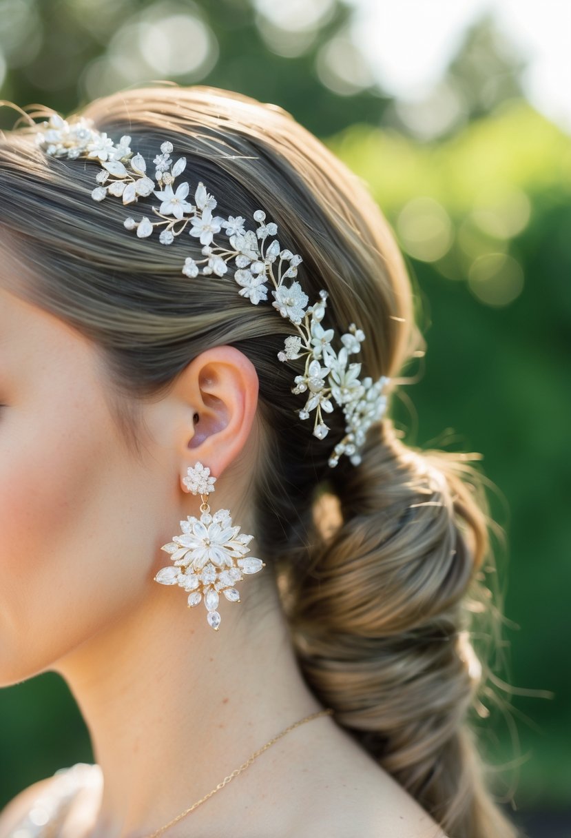 A ponytail adorned with delicate floral motif dangler earrings for a wedding