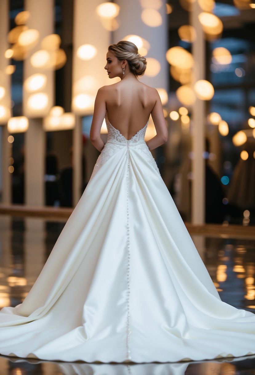 An elegant wedding dress with an open back, accentuating the hourglass shape, featuring a daring twist in the design