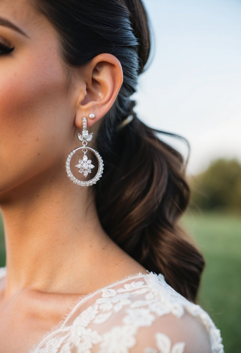 A pair of classic hoop earrings with charm dangle from a ponytail, adding a touch of elegance to a wedding ensemble