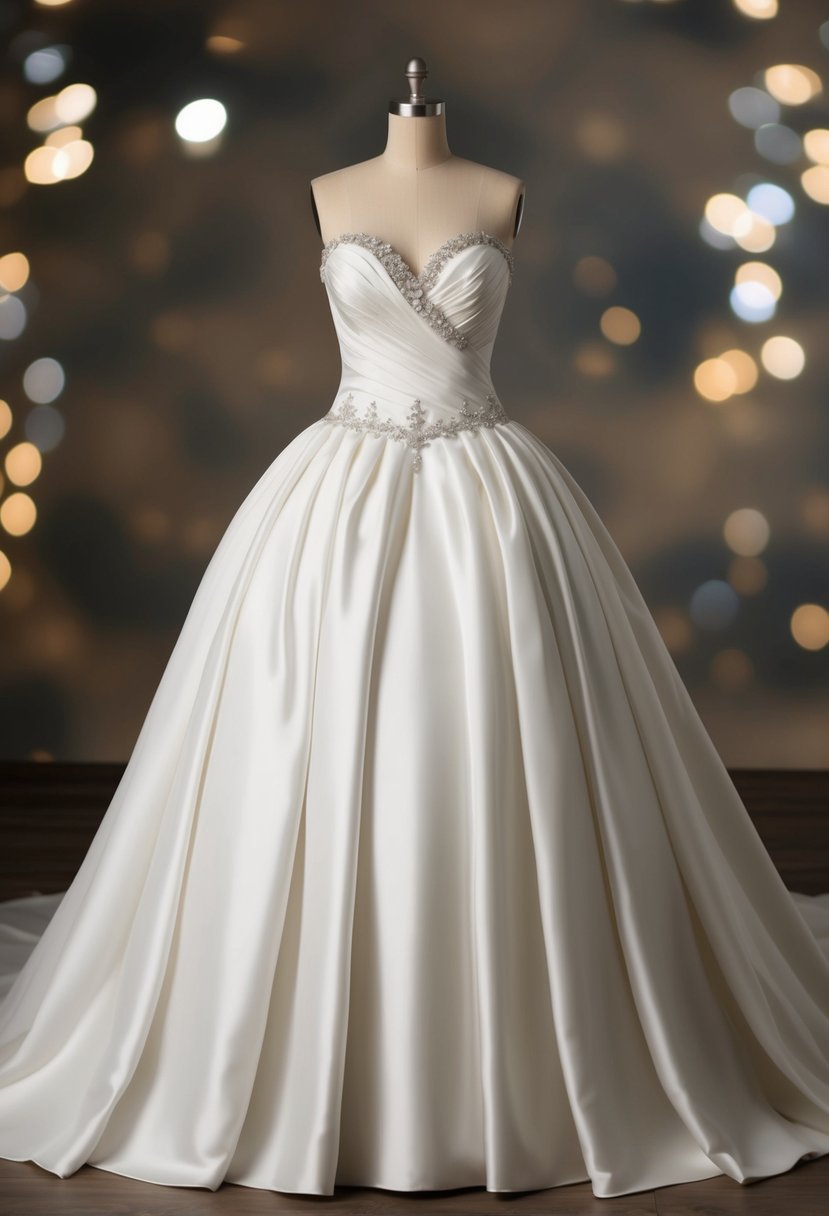 A regal hourglass-shaped wedding dress with an empire waist, flowing fabric, and intricate detailing, exuding elegance and grace