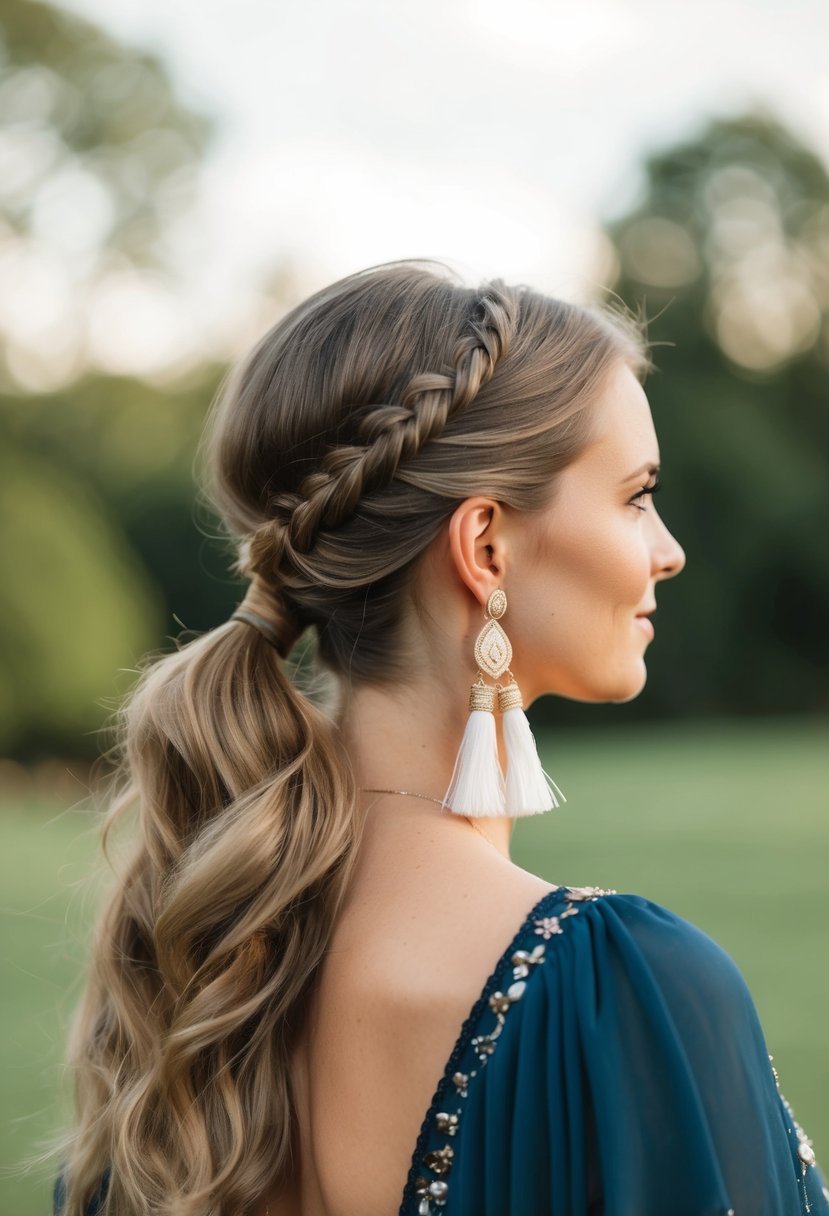 A bohemian-themed ponytail adorned with tassel earrings, perfect for a wedding