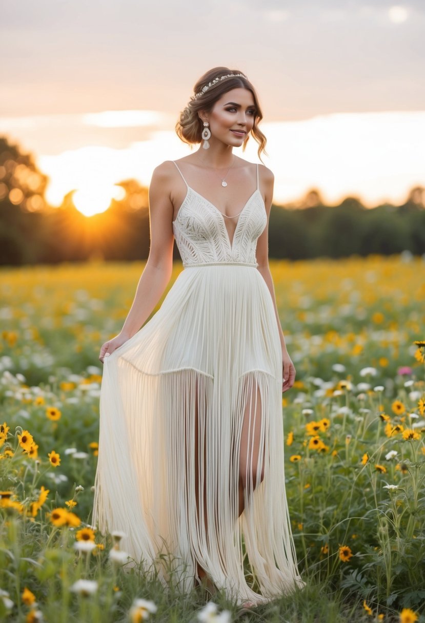 A bride in a boho chic, floor-length fringe hourglass shape wedding dress, standing in a field of wildflowers with the sun setting in the background