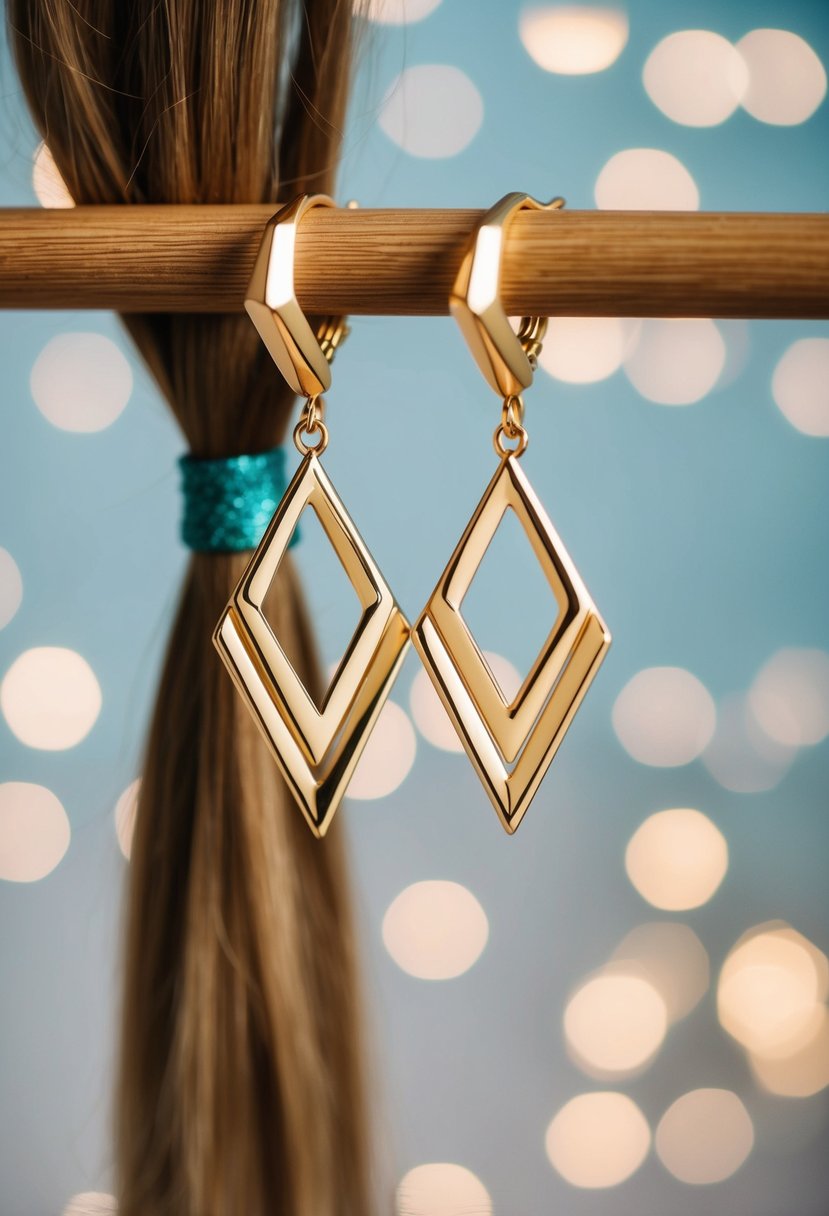 Two geometric gold-plated earrings hanging from a ponytail