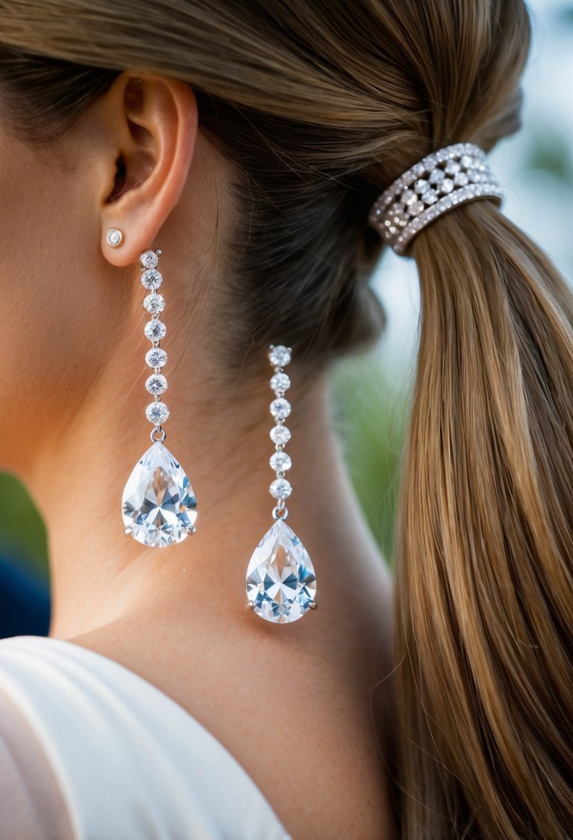 A pair of teardrop-shaped cubic zirconia earrings dangle from a ponytail, catching the light and sparkling at a wedding