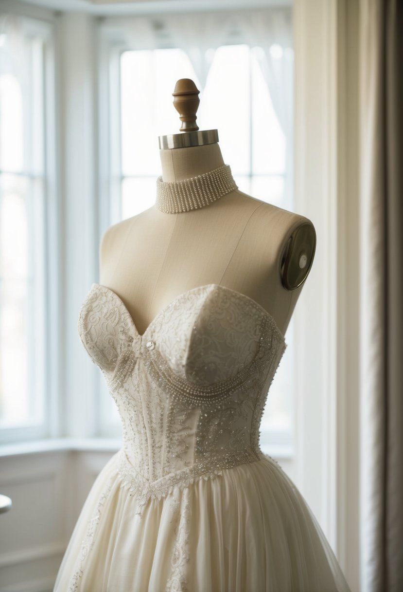 A mannequin wearing a high-necked, hourglass-shaped wedding dress with vintage glam details, such as lace or beading, in a softly lit, elegant setting