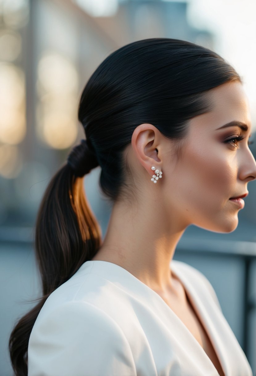 A sleek, elegant ponytail adorned with modern minimalist stud earrings, perfect for a contemporary wedding look