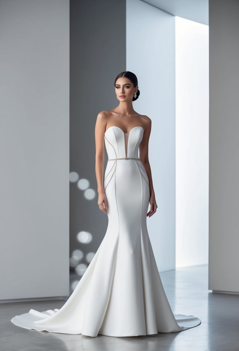 A sleek, form-fitting wedding gown with clean lines and subtle detailing, set against a modern, minimalist backdrop