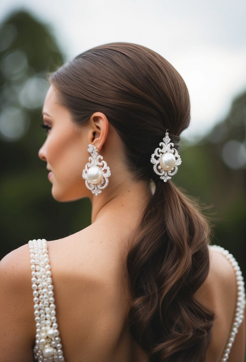 A woman's elegant ponytail adorned with baroque pearl statement earrings, perfect for a wedding