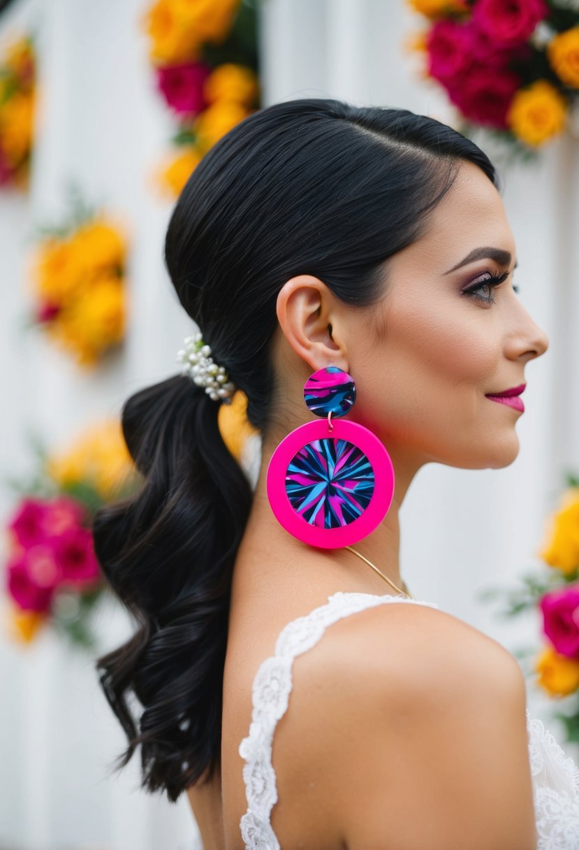 Vibrant acrylic earrings on a ponytail, set against a wedding backdrop