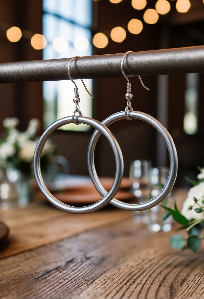 Two steel pipe circle earrings suspended on a rustic wooden table with industrial wedding decor in the background