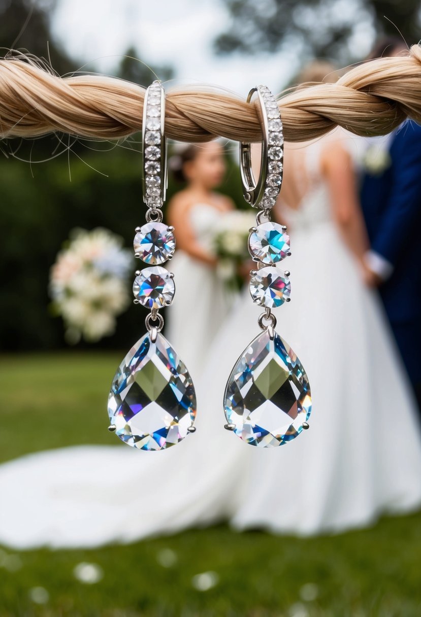 A pair of Swarovski crystal drop earrings hanging from a ponytail, with a wedding dress and bouquet in the background