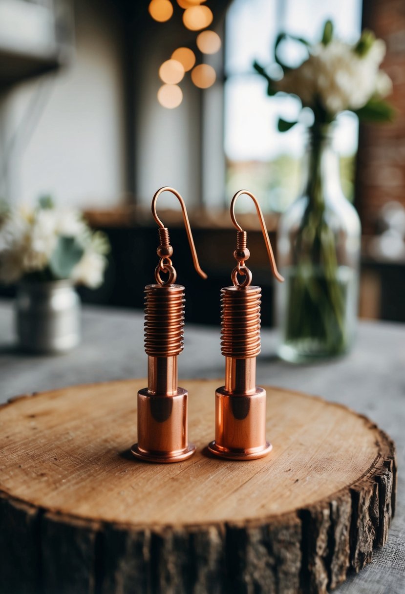 Two copper bolt drop earrings on a rustic wooden table with industrial wedding decor in the background