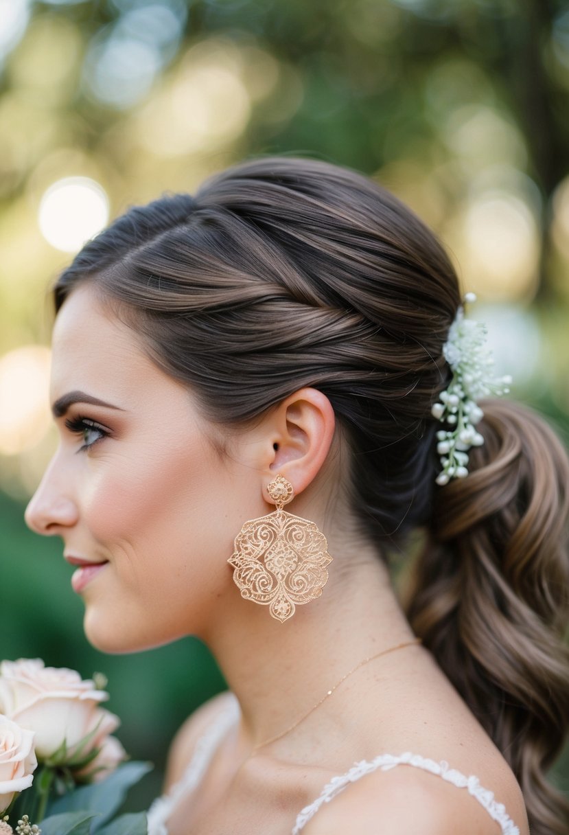 A ponytail adorned with rose gold filigree earrings for a wedding