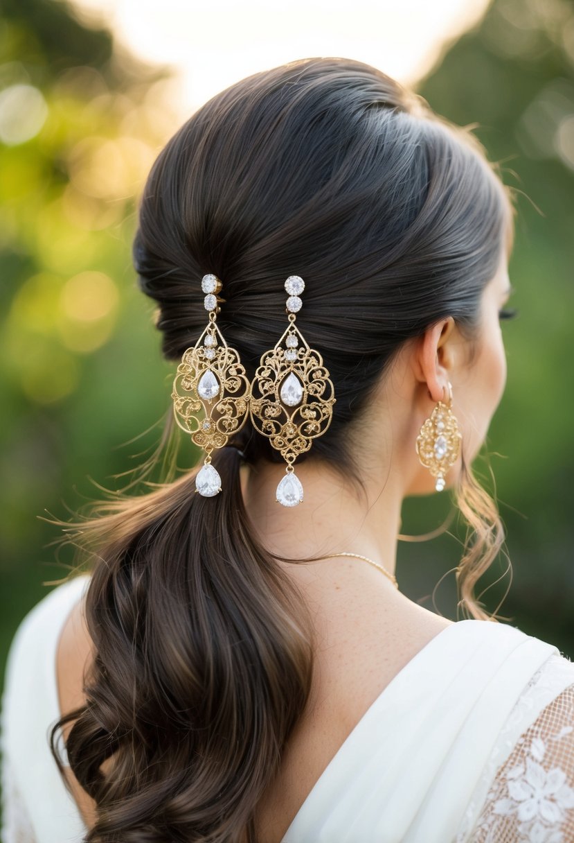 A ponytail adorned with antique gold filigree diamond earrings, perfect for a wedding