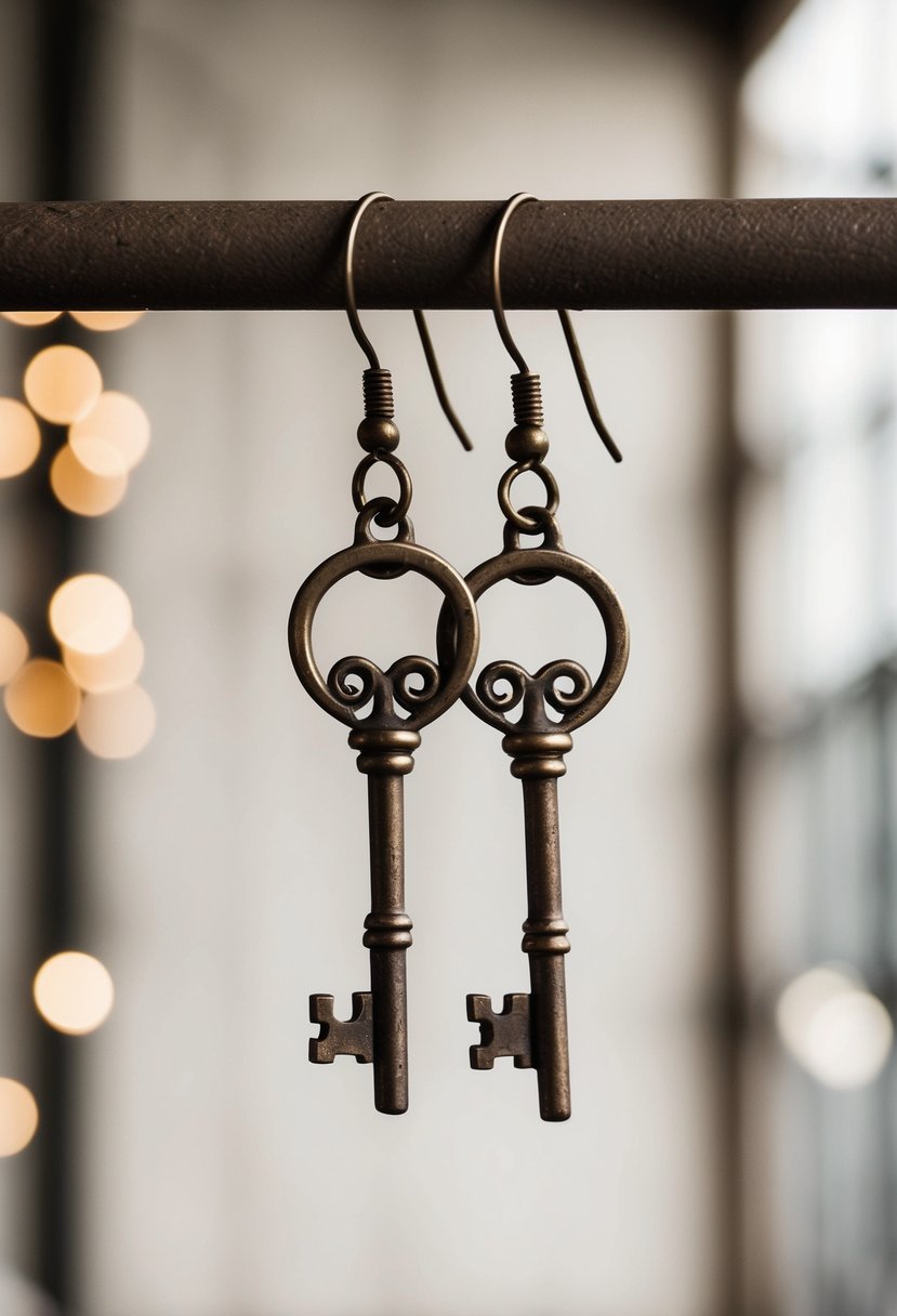 Two vintage key dangle earrings hanging from a rustic metal hook, with a soft industrial wedding backdrop