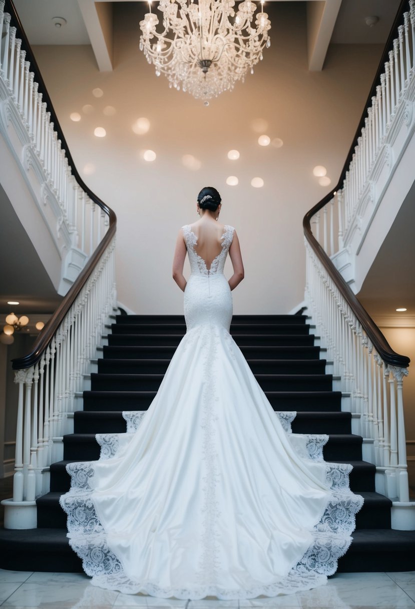 A sleek, form-fitting wedding dress with intricate lace detail and a long train cascading down a grand staircase