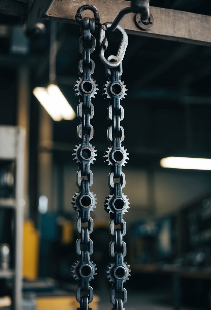 Two interlocking gear chains dangle from a metal hook, catching the light in a dimly lit workshop