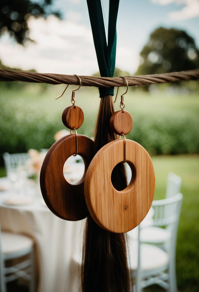 Eco-friendly wooden earrings hanging from a ponytail, with a wedding backdrop