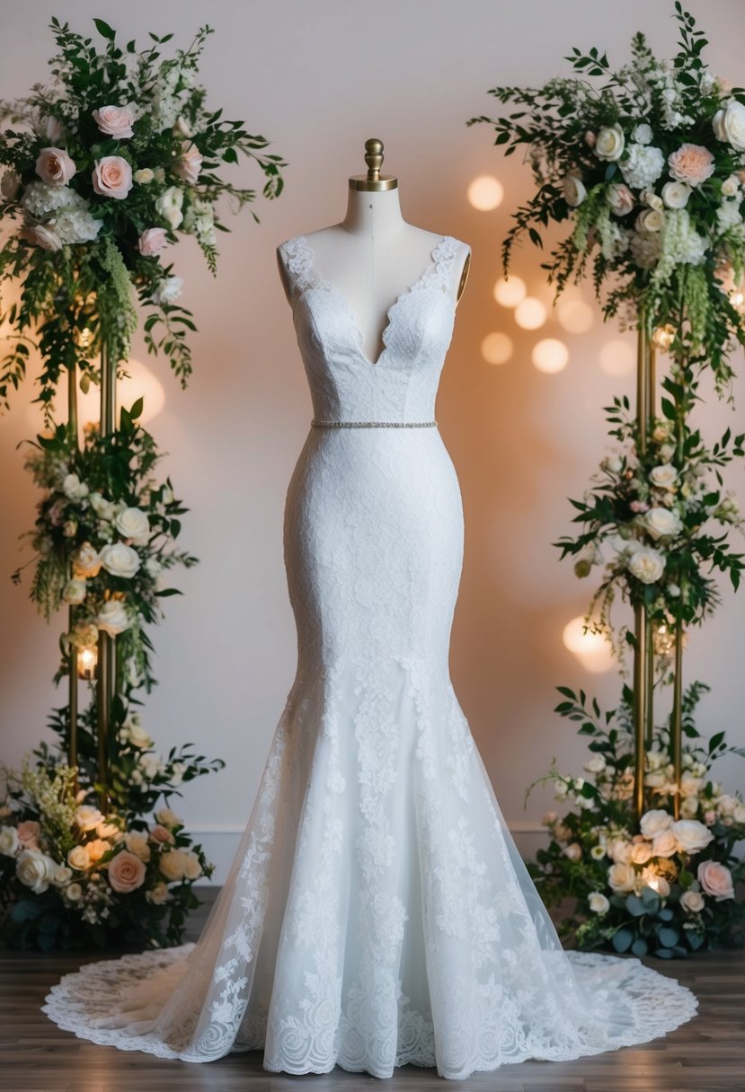 A mermaid lace wedding dress displayed on a mannequin, surrounded by elegant floral arrangements and soft lighting