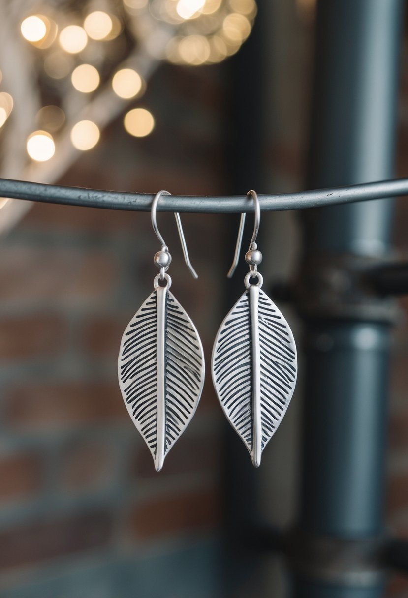 A pair of delicate handmade alloy leaf drop earrings, set against a backdrop of rustic industrial wedding decor