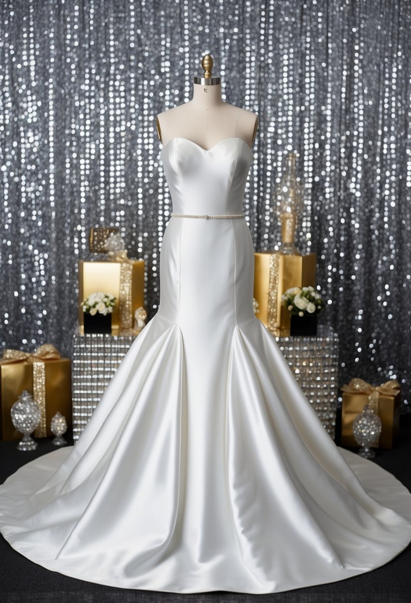 A satin fit-and-flare wedding dress on a mannequin, surrounded by glamorous accessories and a sparkling backdrop