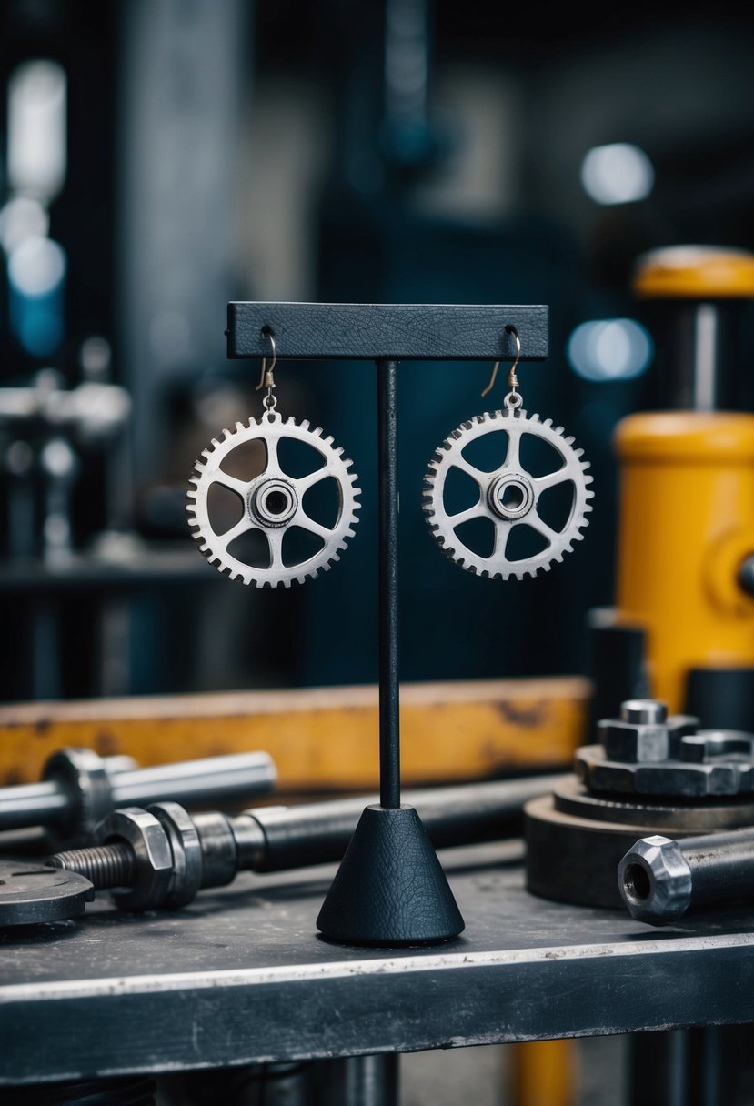 A pair of wheel cog statement earrings displayed on a metal workbench, surrounded by industrial tools and machinery