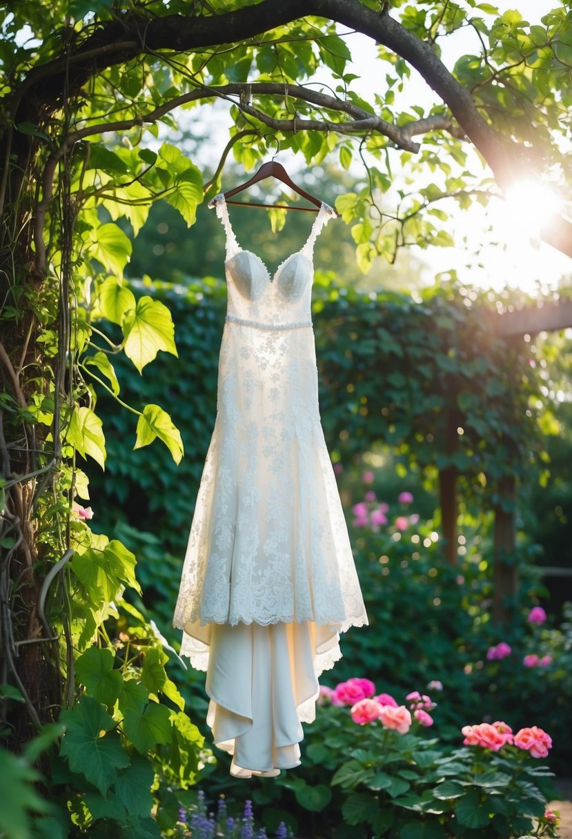 A lush garden with overgrown vines and colorful flowers, a lace wedding dress hanging from a tree branch, sunlight filtering through the leaves