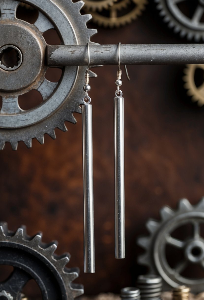 A pair of metal rod climber earrings hanging from a rustic industrial backdrop, surrounded by gears, bolts, and other mechanical elements