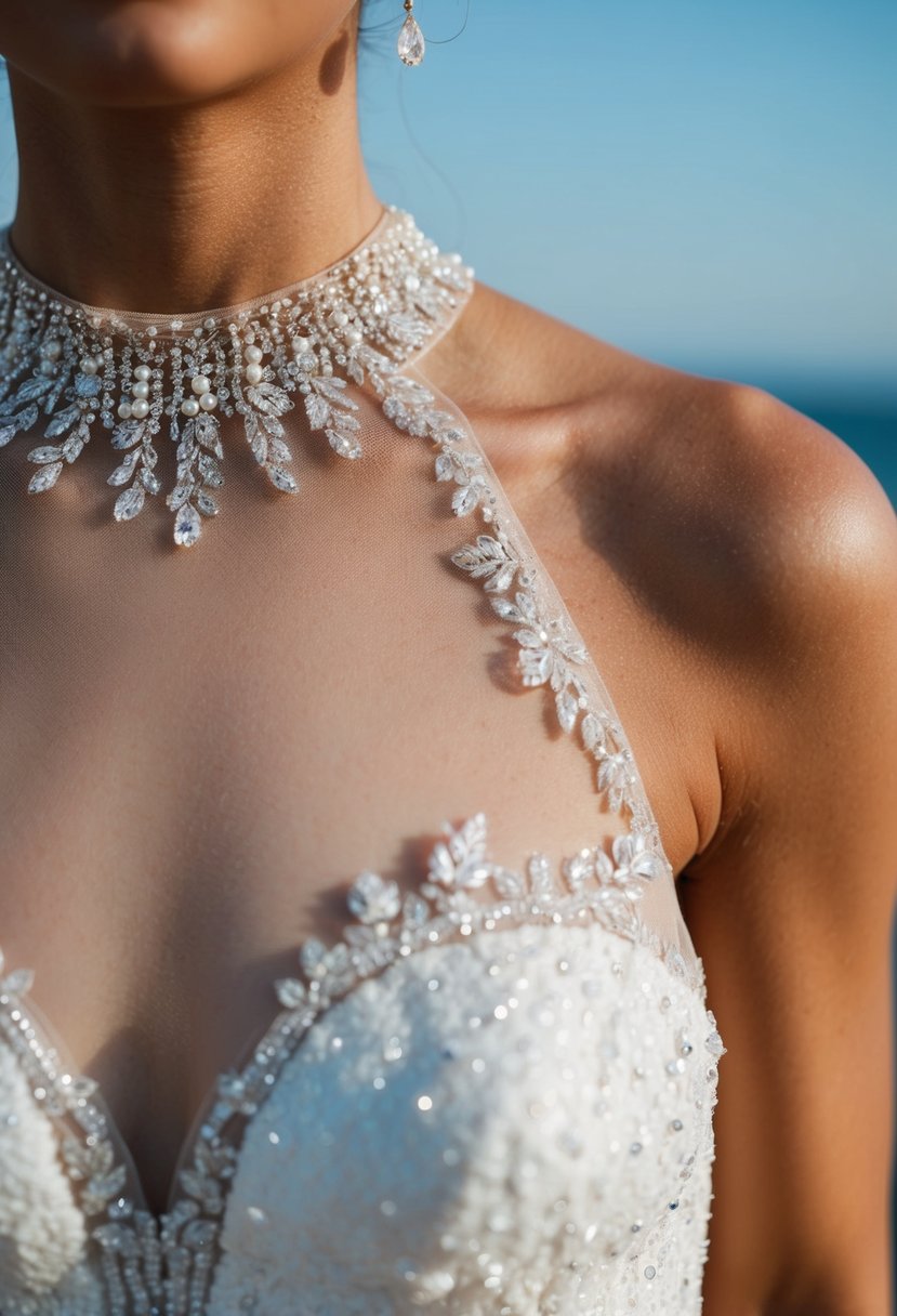 A close-up of a beaded illusion neckline on a tight-fitted wedding dress, with intricate details and delicate lace