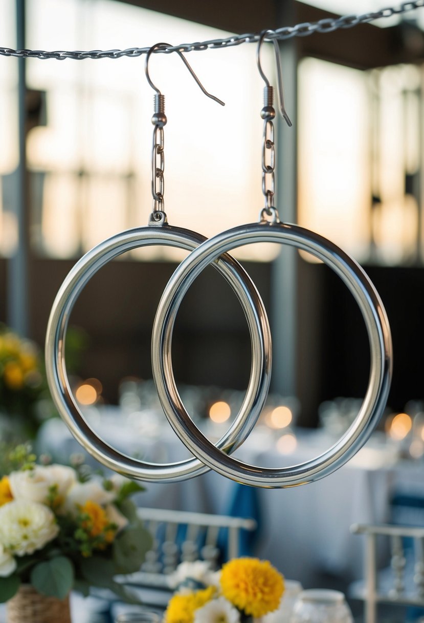 A pair of nautical-themed chain link hoops suspended against a backdrop of industrial wedding elements