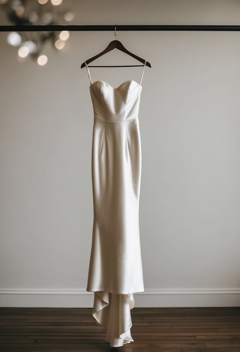 A sleek, silk sheath wedding dress on a simple hanger