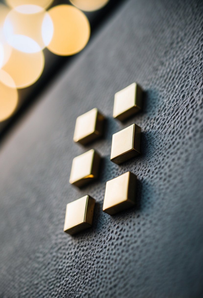 A close-up of brass square studs arranged on a textured industrial surface