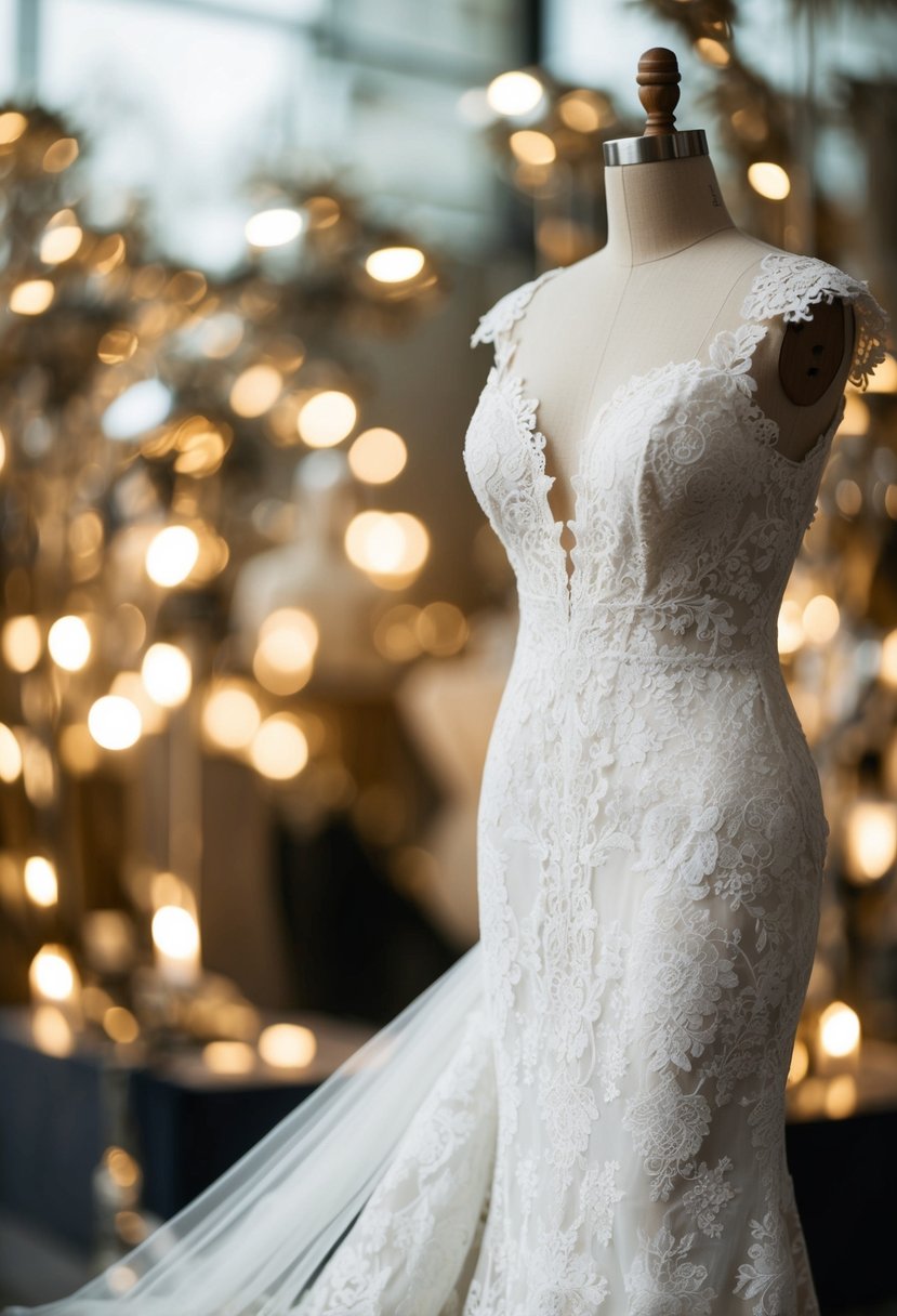 A lace mermaid wedding dress draped over a vintage mannequin